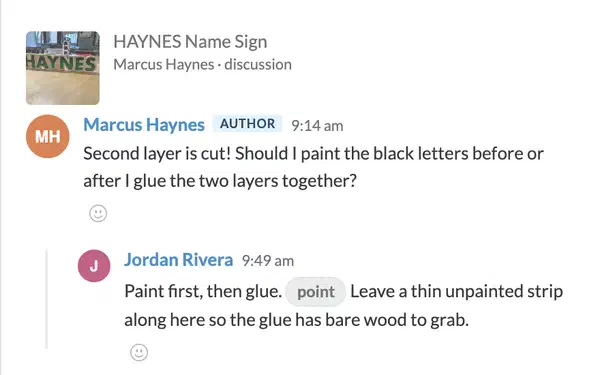 A discussion in the class feed. A student asks whether to paint before gluing, and the teacher replies with a comment pinned to a spot on the design.