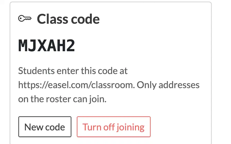 The class code panel on a class's Students page, showing the six-character code, where students enter it, and New code and Turn off joining buttons.