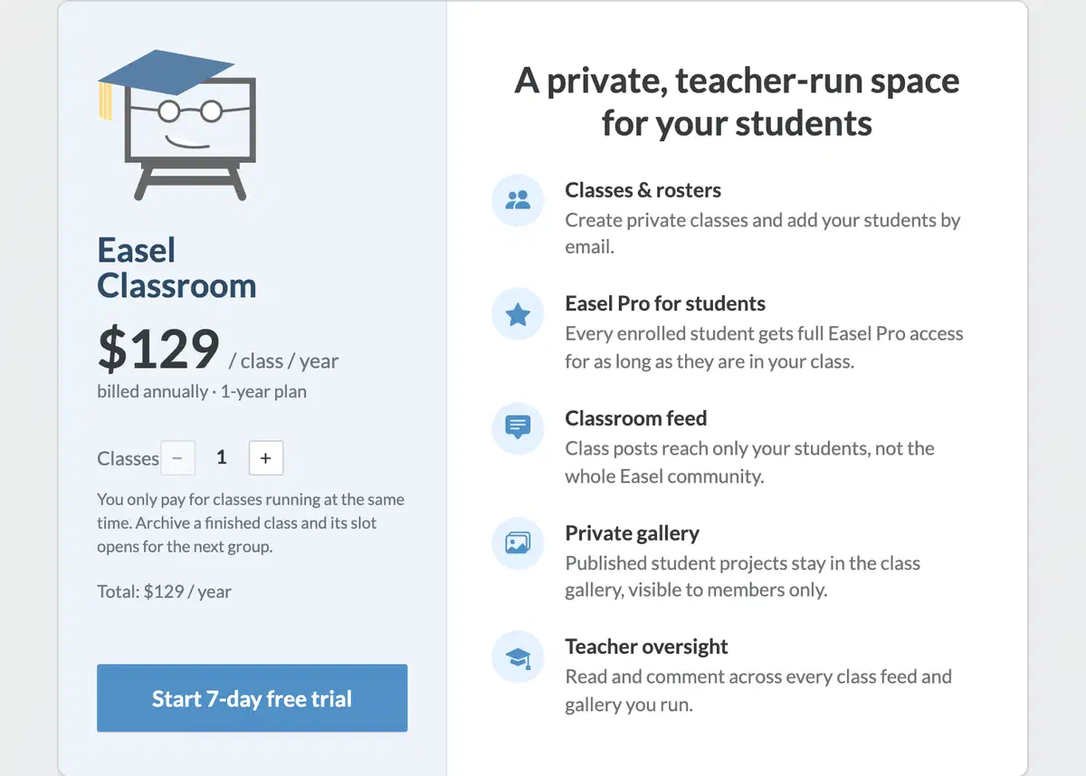 The Easel Classroom card in the Account tab, showing $129 per class per year, a counter for the number of classes and a Start 7-day free trial button.