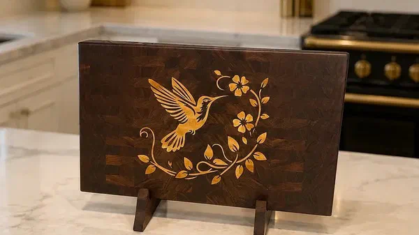 The finished walnut board with the hummingbird inlay, standing on a kitchen counter.