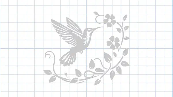 A hummingbird and flowering vine design drawn on the Easel canvas over a grid.