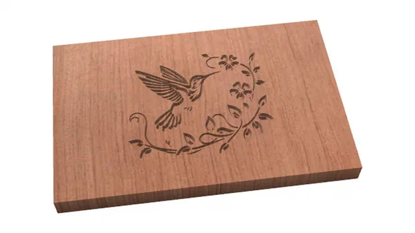 A 3D preview in Easel of the hummingbird design carved into a cherry board.