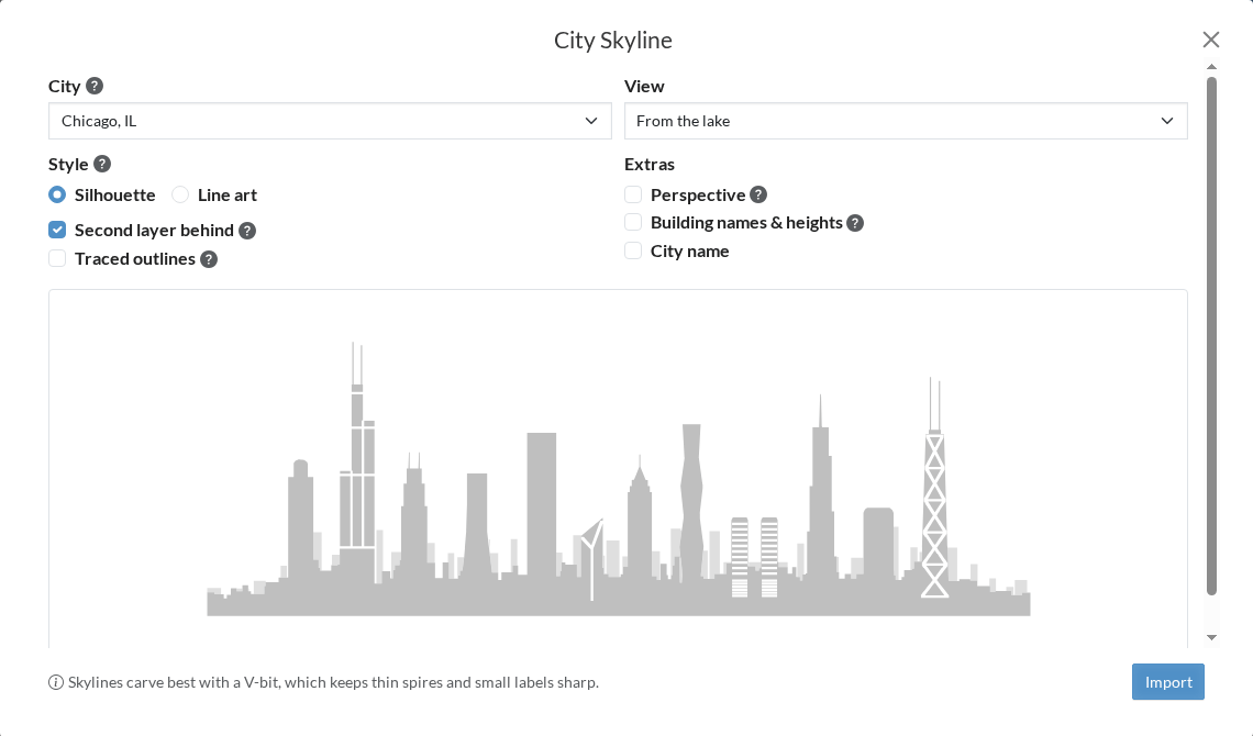 Animated City Skyline app previews switching Chicago styles, landmark labels and viewpoints, then showing Paris