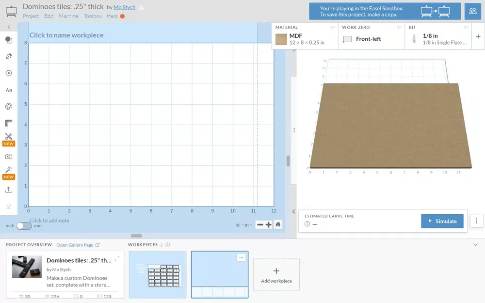 A real blank Easel workpiece gains a rectangular domino outline, a center divider and three shallow circular pips beside the native 3D preview.