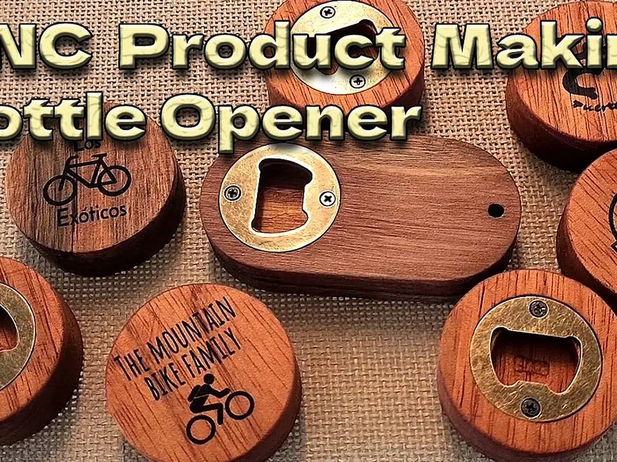 Finished round wooden bottle openers with engraved designs and metal inserts, under the maker’s tutorial title
