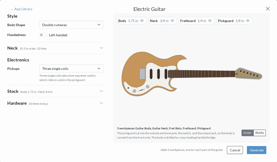 The Electric Guitar app changing from double to single cutaway, selecting two humbuckers and previewing the guitar’s stock blanks