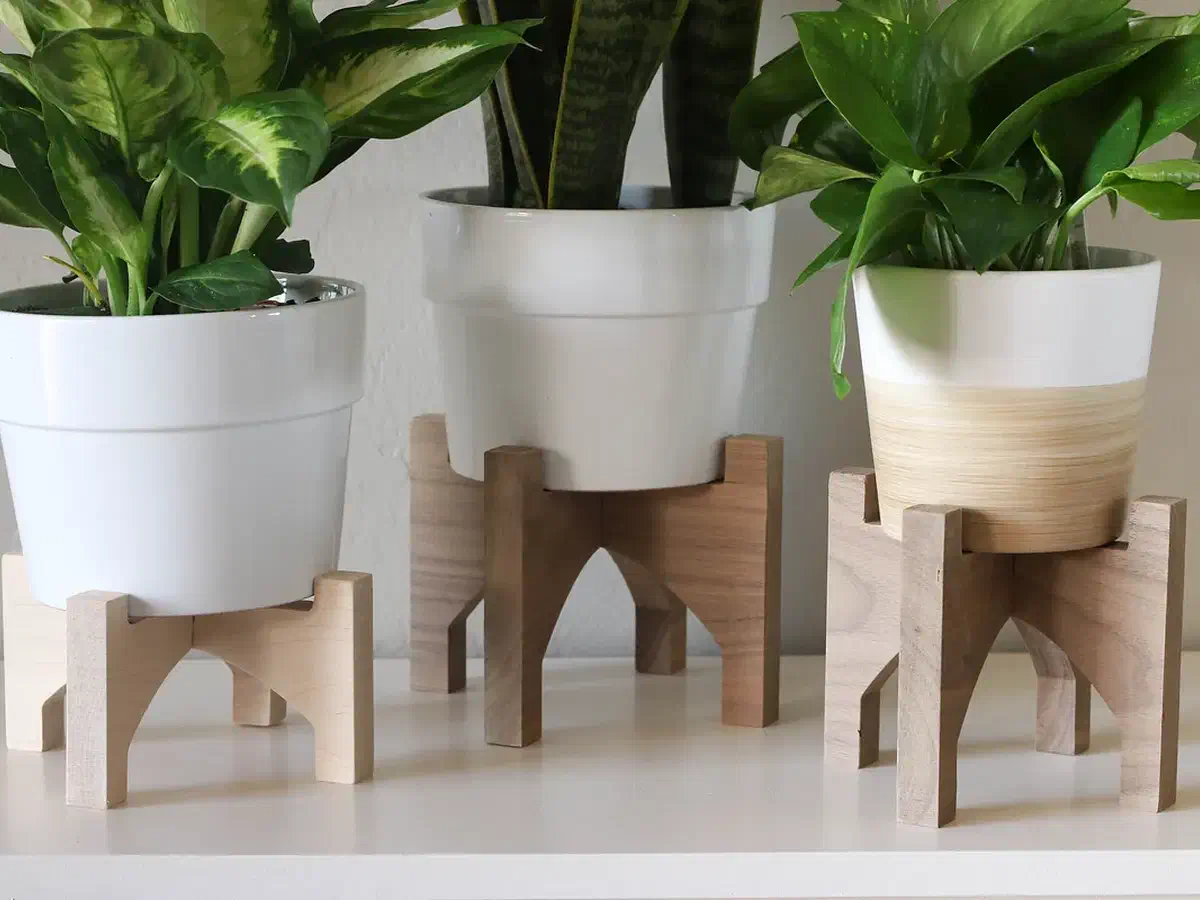 Three small wooden stands supporting white plant pots, with arched openings beneath the pots
