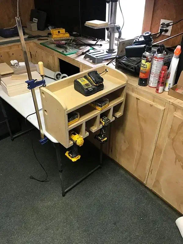Billy R Falgout’s completed MDF drill charging station installed in a workshop