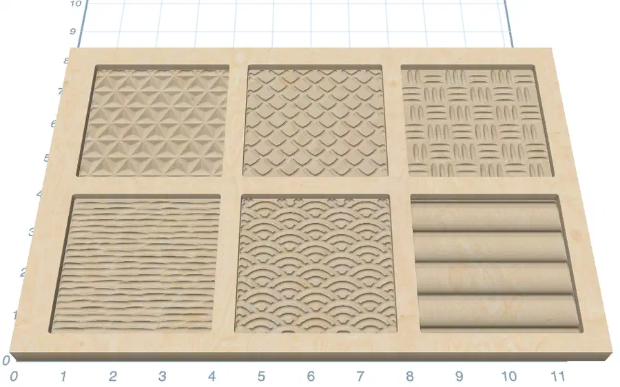 Six pocket textures in Easel's 3D preview, including chip carving, dragon scales and basket weave